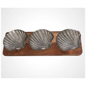 Silver Shell Shaped Serving Or Nik Nak Dishes on Wooden Tray 18” X 6”